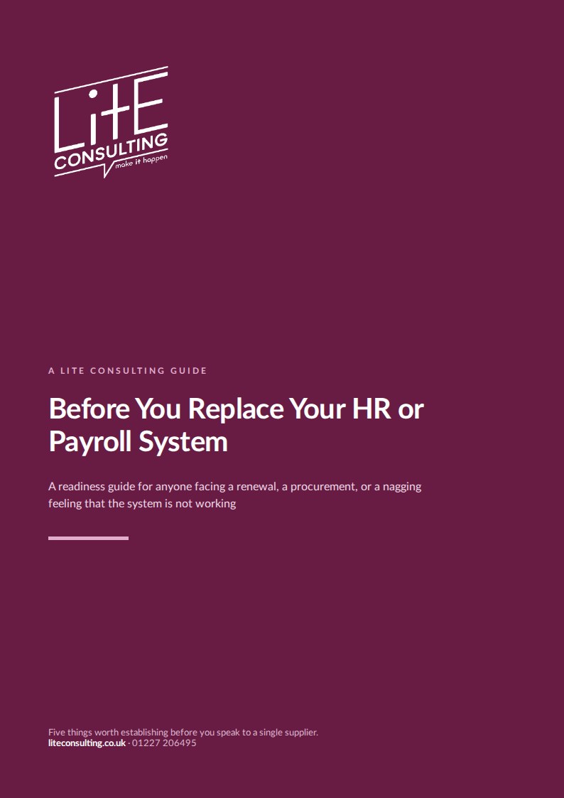 Cover of the LitE Consulting guide, Before You Replace Your HR or Payroll System